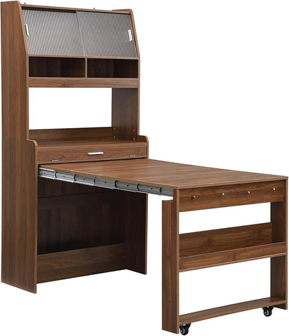 VilroCaz Multifunctional 69" Height Kitchen Pantry with Hutch and Foldable Dining Table, Freestanding Cupboard Cabinet with Storage Shelf and Side Hooks for Small Places (Walnut-5.8)
