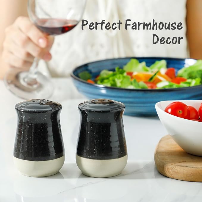 Hasense Salt and Pepper Shakers Set, Ceramic Salt Pepper Shaker for Kitchen, Black Farmhouse Decor Salt Container, Perfect for Cooking, Dining, Camping, BBQ