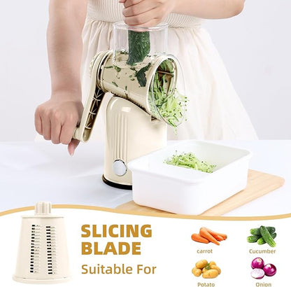 Rotary Cheese Grater with Handle, Vegetable Shredder with 5 Replaceable Blades & Strong Suction Base, Round Food Slicer & Chopper for Kitchen Fruit Vegetables Nuts with Blade Storage Box (White)