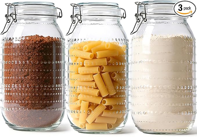 ComSaf 0.5 Gallon (71oz) Vintage Hobnail Glass Storage Jars Set of 3 with Airtight Clamp Lids, Wide Mouth Tall Canister Set for Flour, Sugar, Cereal, Pasta, Pet Food and Pantry Organization