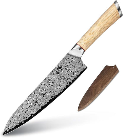 DONGSUN 8 Inch Damascus Chef Knife with North American Black Walnut Sheath, 67-Layer VG10 Forged Steel Japanese Gyuto, Professional Durable Sharpness