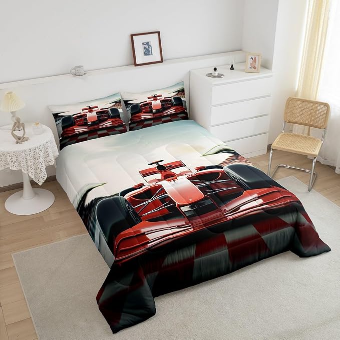 Manfei 3D Red Formula Car Comforter Set,Cool Racing Car Bedding Set Kids Teens Modern Decor,Racing Speed Sport Comforter with 1 Pillowcase for All Seasons,Twin
