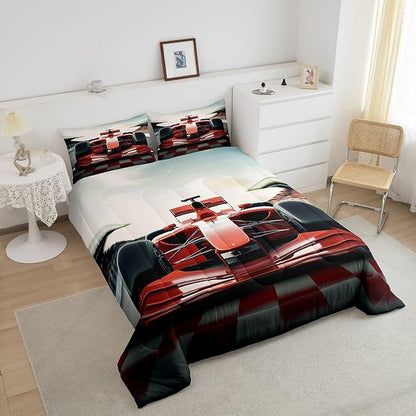 Manfei 3D Red Formula Car Comforter Set,Cool Racing Car Bedding Set Kids Teens Modern Decor,Racing Speed Sport Comforter with 1 Pillowcase for All Seasons,Twin