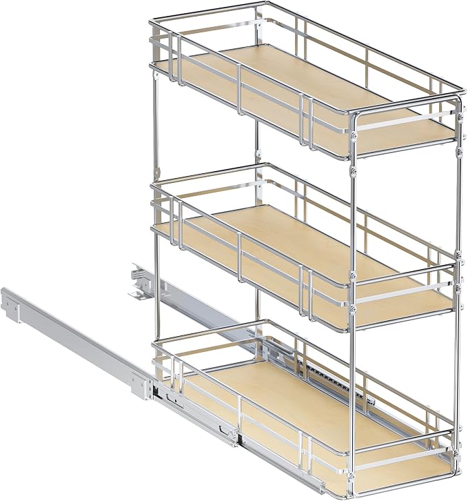9" W x 20.5" D 3-Tier Pull Out Spice Rack Organizer, Solid Wood Base Slide Out Cabinet Shelf for Narrow Kitchen Cabinets, Chrome Pantry Storage