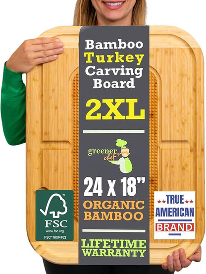 24 Inch Organic Bamboo Extra Large Carving Board with Lifetime Replacements - 2XL Meat Cutting Board and Wooden Butcher Block with Pour Spout, Turkey Platter for Christmas Holiday Essentials