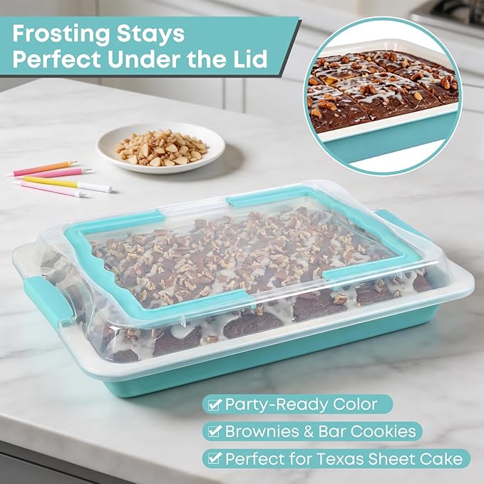 Sheet Cake Pan with Lid Set of 2, 15"×10"×2" Deep Jelly Roll Pan, Non-Stick Ceramic Coating Baking Pan, Oven Safe 450°F, PFOA Free, Teal — Bake, Snap & Carry for Parties & Potlucks