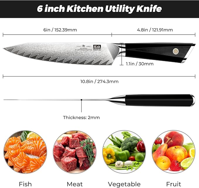 SHAN ZU Damascus Chef Knife 6 inch,67-Layer Japanese Steel 10Cr15MoV Kitchen Knife, High Carbon Super Sharp Japanese Chef Knife, All Purpose Professional Kitchen Utility Petty Knives with G10 Handle