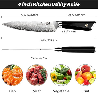 SHAN ZU Damascus Chef Knife 6 inch,67-Layer Japanese Steel 10Cr15MoV Kitchen Knife, High Carbon Super Sharp Japanese Chef Knife, All Purpose Professional Kitchen Utility Petty Knives with G10 Handle