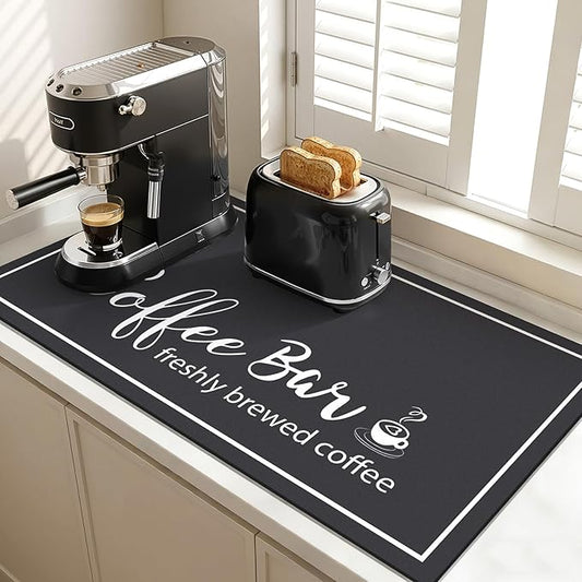 Findosom Dish Drying Mat, 17"x 32" Super Absorbent & Hide Stain Coffee Mat, Cuttable Drying Mat for Kitchen Counter, Coffee Bar Accessories, Under Dish Rack, Coffee Maker, Espresso Machine, Black