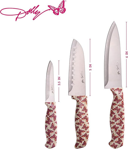 Dolly Parton 3-Piece Chef Knife Set, Butterfly Pattern Handles, Includes 6 Inch Chef, 5 Inch Santoku and 3.5 Inch Paring Knives