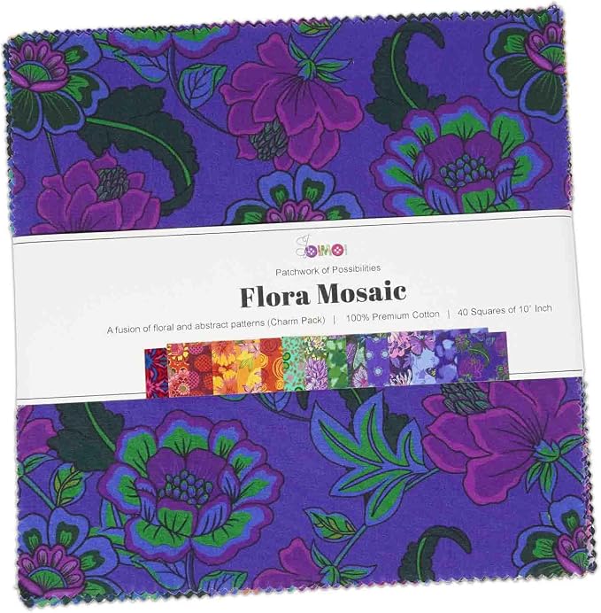 Soimoi 40 Pcs Cotton Fabric Squares Bundles Charm Packs for Quilting, Fat Quarter Layer Cakes, Precuts Quilt Squares 10 x 10 inches, DIY Fabric Bundle - Flora Mosaic