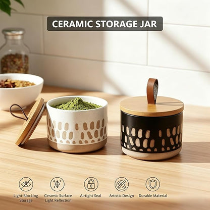 Small Canister 5 fl.oz Kitchen Salt Cellar, Ceramic Jar with Airtight Lid Spice Pepper Butter Food Storage Jar for Matcha Mints Sugar Coffee Daily Vitamins Tooth Powder Decorative Jars Set of 2