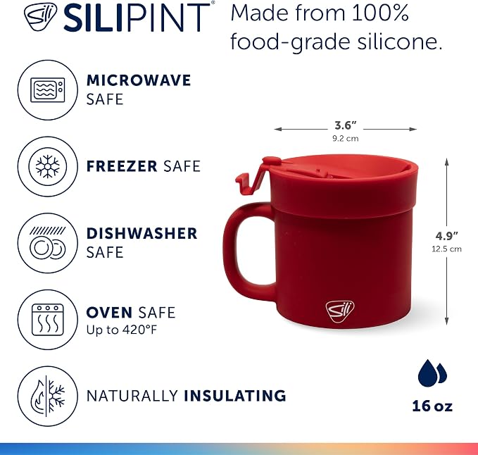 Silipint 16oz Silicone Coffee Mug Tumbler Flip Lid Unbreakable Dishwasher Safe Microwave Oven & Freezer Compatible – Non-Toxic Reusable Cup for Hot Coffee Tea or Drinks Pack of 4 Classic Red