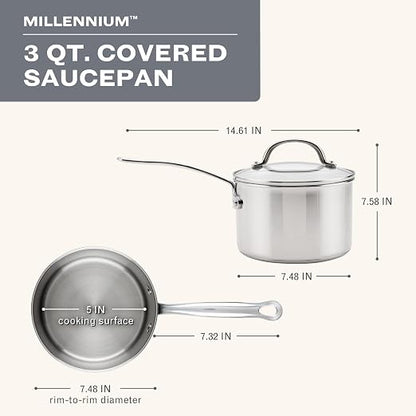 Farberware Millennium Stainless Steel Saucepan with Lid, Induction Ready, Compatible with All Cooktops, Metal Utensil Safe, 3 Quart Saucepot, Dishwasher Safe - Stainless Steel