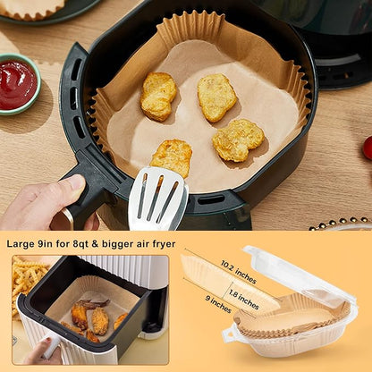 Ctizne Disposable Air Fryer Paper Liners, 125Pcs 9 In Large Square Parchment Paper Liner, Non Stick Baking Paper for 8Qt - 12Qt Air Fryer Basket Microwave Oven, Deep Fryer Parts & Accessories