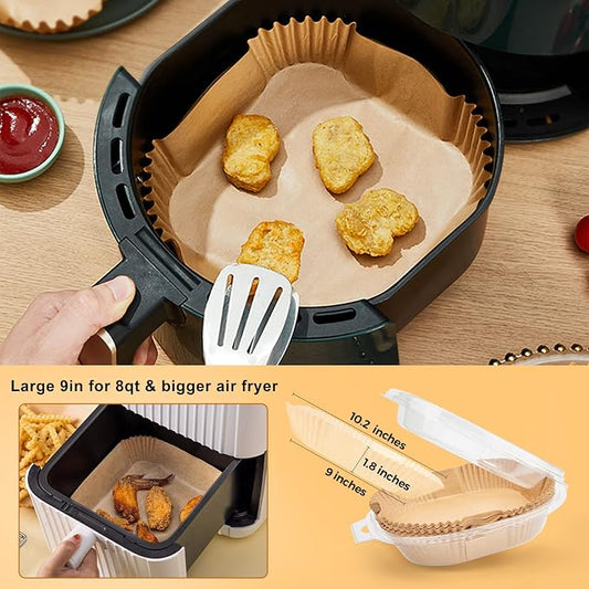 Ctizne Disposable Air Fryer Paper Liners, 125Pcs 9 In Large Square Parchment Paper Liner, Non Stick Baking Paper for 8Qt - 12Qt Air Fryer Basket Microwave Oven, Deep Fryer Parts & Accessories