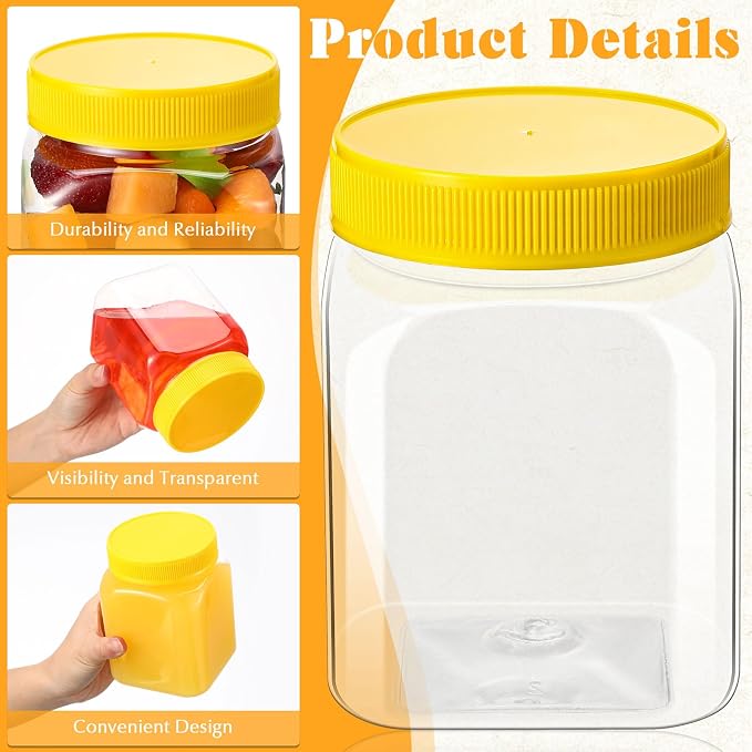 Nosiny 12 Pcs 24 oz Clear Plastic Jars with Lids Square Plastic Container Large Candy Jars with Screw on Lids Refillable Kitchen Storage Containers for Dry Food, Coffee (Yellow)