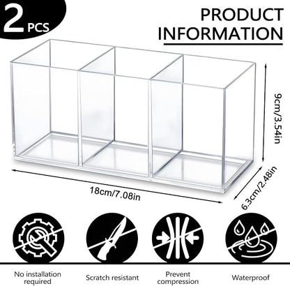 2 Pack Clear Makeup Brush Holder, 3 Compartment Plastic Pen Organizer, Acrylic Silverware Caddy for Storage Desk Vanity Pencil Utensil Marker Cutlery (Clear)