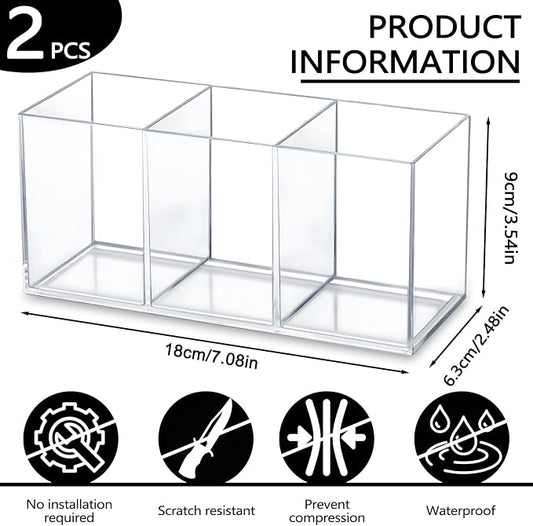 2 Pack Clear Makeup Brush Holder, 3 Compartment Plastic Pen Organizer, Acrylic Silverware Caddy for Storage Desk Vanity Pencil Utensil Marker Cutlery (Clear)