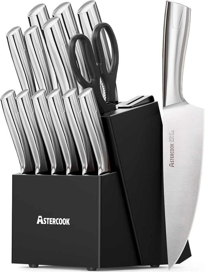 Astercook Knife Set, Kitchen Knives Set with Block and Sharpener Full Tang 15 Pcs Stainless Steel Knives, Dishwasher Safe Knife Set with Anti-slip Ergonomic Handle, Black, Fathers Day Gift for Men