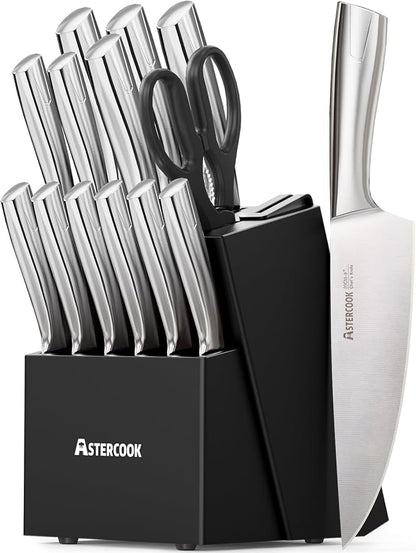 Astercook Knife Set, Kitchen Knives Set with Block and Sharpener Full Tang 15 Pcs Stainless Steel Knives, Dishwasher Safe Knife Set with Anti-slip Ergonomic Handle, Black, Fathers Day Gift for Men