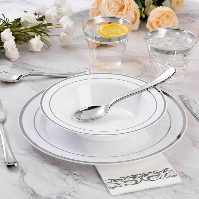 Goodluck 300 Pack Plastic Bowls with Silver Rim, 12oz Disposable Soup Bowls, Heavy Duty Dessert Bowls for Weddings, Parties, Dinners, Catering, and Everyday Use