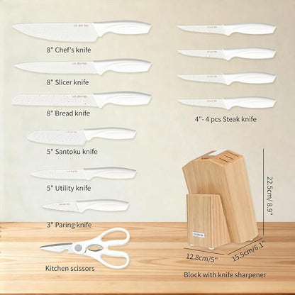 13 Piece Knife Set，Kitchen Knife Block Set，White stainless steel knife set with sharpener for Chopping, Slicing, Dicing & Cutting，Dishwasher safe