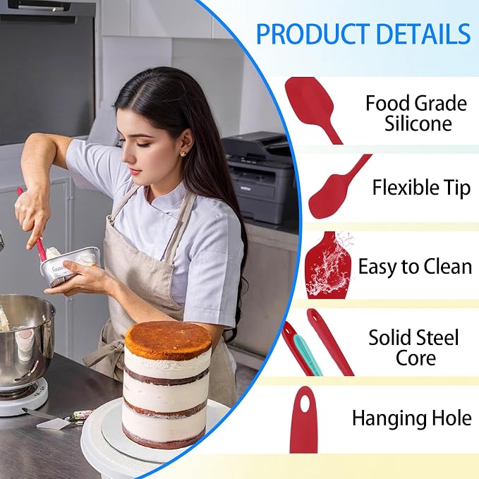Silicone Spatula Set, Food Grade Rubber Spatula, 4 Pcs Heat Resistant Silicone Spatulas, One Piece Design Non-Stick Kitchen Utensils for Cooking, Stirring, Baking & Mixing, Dishwasher Safe (Red)