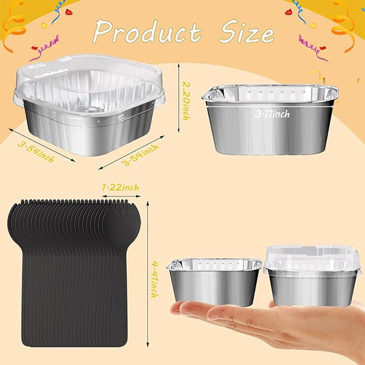 25 Pack Square Mini Cake Pans with Lids,Mini Loaf Pans with Lids,Aluminum Foil Baking Cups,Disposable Ramekins Cupcake Cups,Dessert Cups for Wedding Birthday Party Picnics,5oz (Silver)