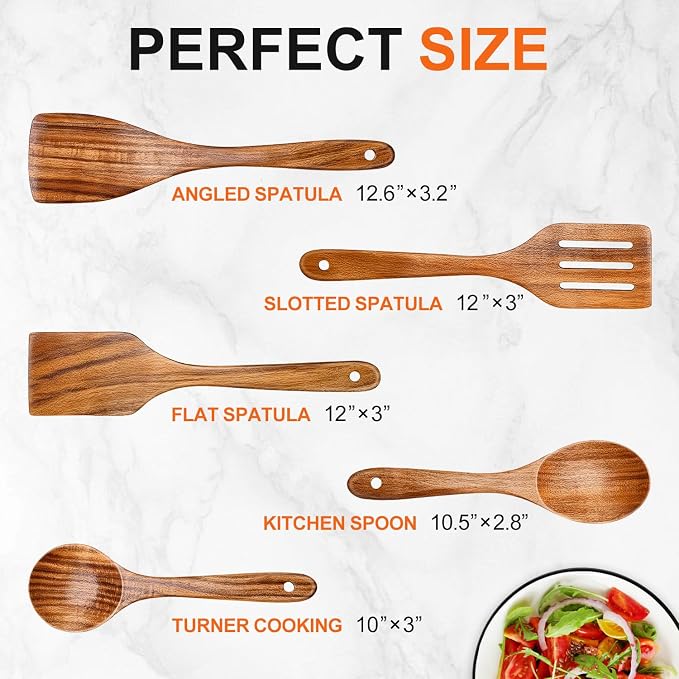 5 Pcs Best Wooden Spoons for Cooking Kitchen Utensils Set Acacia Wood Cooking Spatula Turner Non Toxic Utensil Slotted Serving Spoon Flat Spatulas Set Wooden Utensis Mixing Cooking Spoon Kitchen Tools