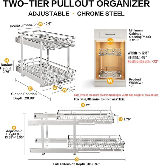 2-Tier Kitchen Cabinet Pull Out Shelf and Drawer Organizer Slide Out Pantry Storaqe Basket in Multiple Sizes (11" W x 18" D)