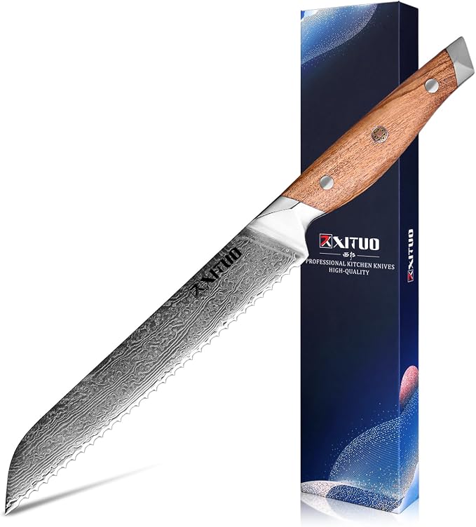 XITUO 8-Inch Serrated Bread Knife – Damascus Steel Blade with Olive Wood Handle, Ultra Sharp Kitchen Slicer for Soft Bread, Pastries & Tomatoes, Ideal Gift for Chef Dad