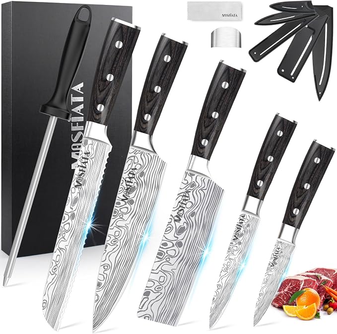 MOSFiATA 5 PCS Chef Knife Set, Kitchen Knife Set with Sharpener Rod | German High Carbon Stainless Steel ， 5PCS Blade Guard，Gift Box