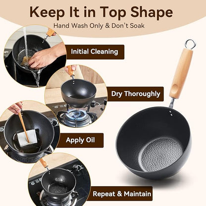 WANGYUANJI 1.5QT Iron Saucepan with Lid, Hammered Milk Pot for Boiling Ramen, Removable Wood Handle for Camping & Storage, Non-Coated Small Cookware for Single Serving, Induction Compatible