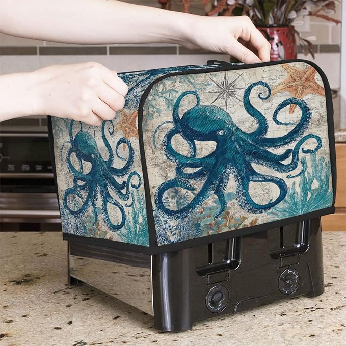 2 Slice Octopus Ocean Vintage Toaster Cover Waterproof Dust Fingerprint Bread Machine Cover Washable Kitchen Appliance Protector For Home Kitchen Bakeware Table Decor Women Gifts