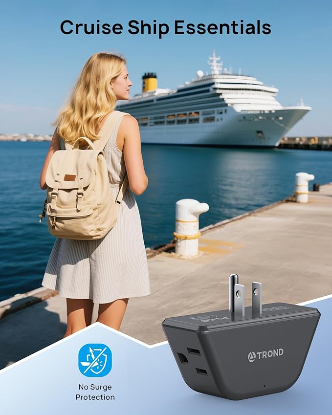 TROND Multi Plug Outlet 3 Pack - Wall Extender with 3-Prong Grounded Sockets, 3 Way Angled Outlet Adapter, Cruise Essentials, Expander for Travel, Home, Hotel, Dorm Room, Black
