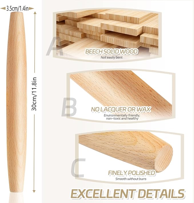 French Rolling Pin for Baking - Tuyotue 11.8 Inches Beech Wood Tapered Rolling Pin Dough Roller for Pizza Dough, Pie Crust Cookie Fondant Dumpling