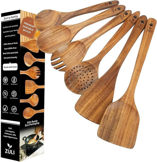 6-Piece Teak Wooden Cooking Utensil Set – Wooden Spoons & Spatulas for Nonstick Cookware, Non-Toxic Eco-Friendly Kitchen Tools– Ideal Father Day Gift for Dad!
