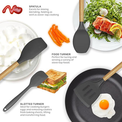 oannao Silicone Cooking Utensils Kitchen Utensil Set - 446°F Heat Resistant Silicone Kitchen Utensils Set, Spatula,Turner Tongs, Spoon, Whisk,Kitchen Gadgets for Nonstick Cookware, BPA Free (Gray)