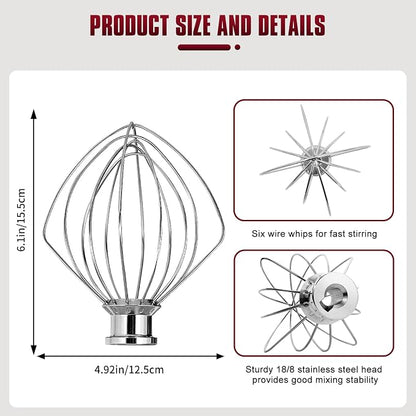 Whole Stainless Steel K45WW Whisk Attachment for KitchenAid 4.5-5 Tilt-Head Mixer, Dishwasher Safe Wire Whip for Kitchen Aid