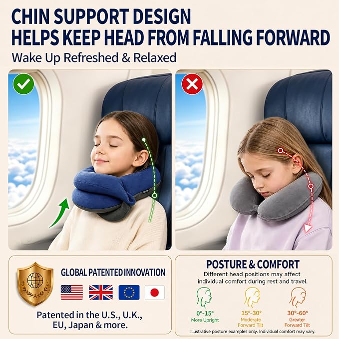 BUYUE Kids Travel Pillows for Airplane, Memory Foam 360° Head Support Sleeping Essentials for Boys Long Flight, Skin-Friendly Soft Neck Pillow for Traveling in Car Seat, (Small, Blue Grey, 40-90 lbs)