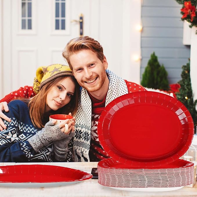 100Pcs Red Oval Paper Plates 10"x12" Large Heavy Duty Red Party Plates Disposable Patriotic Platters for 4th of July Independence Day World Cup Holiday BBQ Picnic Wedding Birthday Party Decor Supplies