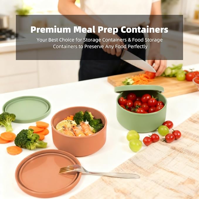 24 fl oz Silicone Food Storage Container with Lid, Round Portable Airtight Salad Bowl, Reusable Meal Prep Bowl for Soup Stew Leftovers, Microwave Fridge Dishwasher Safe, BPA Free (Brown 3 Pack）