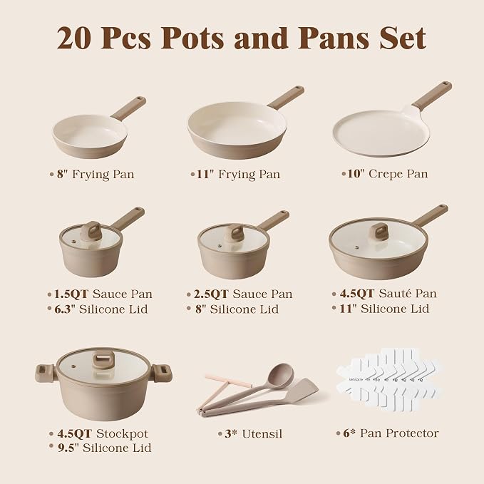 SENSARTE 20Pcs Pots and Pans Set Nonstick, Ceramic Cookware Set Non Stick, Non-toxic Healthy Kitchen Cooking Set, Induction Compatible, Dishwasher Safe, PFAS/PTFE/PFOA Free, Taupe
