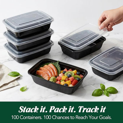 32oz 100 Pack(200 Piece) Meal Prep Containers Reusable Sturdy Food Storage Containers with Lids Microwave,Freezer,Dishwasher Safe Leakproof Airtight Plastic Bento Lunch Boxes for To Go Take Out