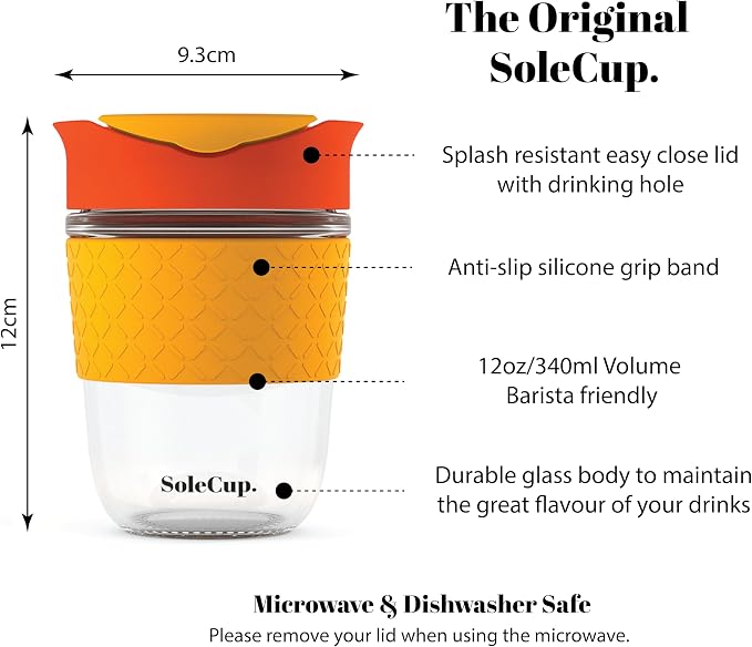 Reusable Strengthened Glass Travel Cup - Spill Proof Coffee Mug - 12oz/340ml BPA-Free Hot Drink Travel Mug with Lid & Silicone Band (Red, 12oz)