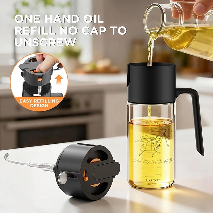 PLAPITATE 17oz/500ml Premium Olive Oil Sprayer for Cooking, 2 in 1 Glass Olive Oil Dispenser Bottle for Kitchen Gadgets, Spray Bottle with Portion Control for Salad, Frying, BBQ (Black)