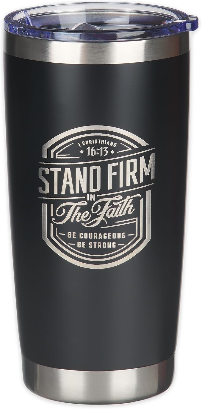 Christian Art Gifts Large Stainless Steel Inspirational Travel Mug Tumbler for Men & Women: Stand Firm Encouraging Bible Verse, Double Wall Vacuum Insulated w/Lid, Hot/Cold Beverage, Black, 18 oz.