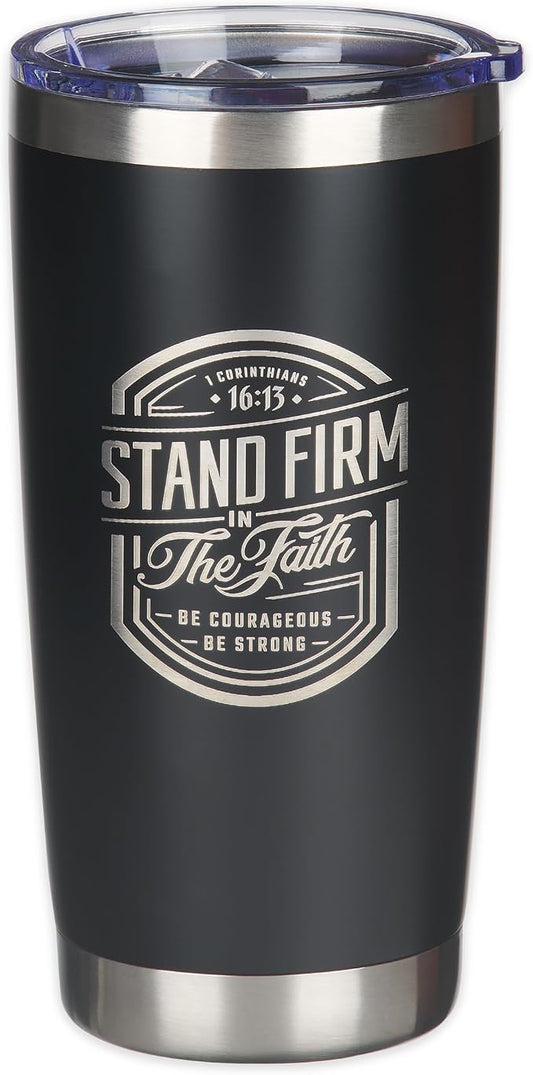 Christian Art Gifts Large Stainless Steel Inspirational Travel Mug Tumbler for Men & Women: Stand Firm Encouraging Bible Verse, Double Wall Vacuum Insulated w/Lid, Hot/Cold Beverage, Black, 18 oz.