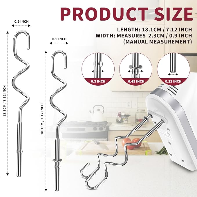 New Dough Hook for Hand Mixer Replacement for Kitchenaid Hand Mixer Dough Hooks KHM512, Stainless Steel Dough Hooks Suitable for KHM 5KSM KSM KSMO KSMH Series of Kitchenaid Mixer Hand Held, Set of 2